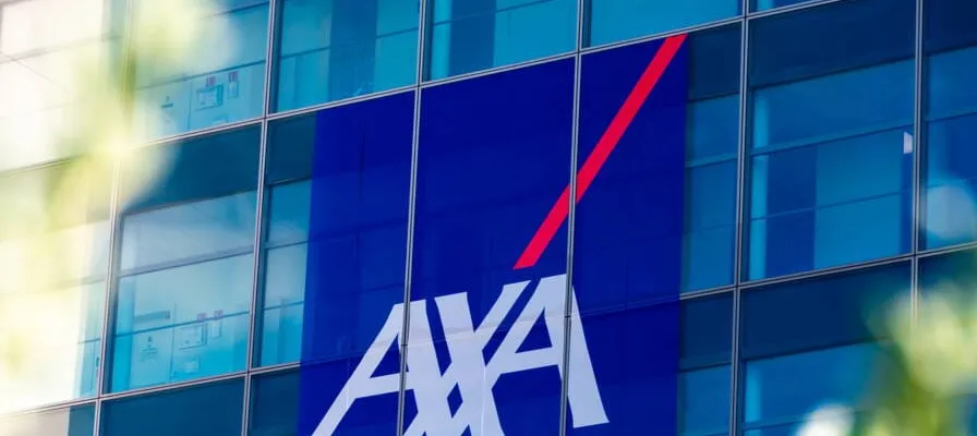 The AXA logo on the glass facade of an office building